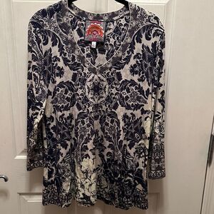 JOHNNY WAS Filo Favorite V-Neck 3/4 Sleeve Bohemian Top Bamboo Blend Size S